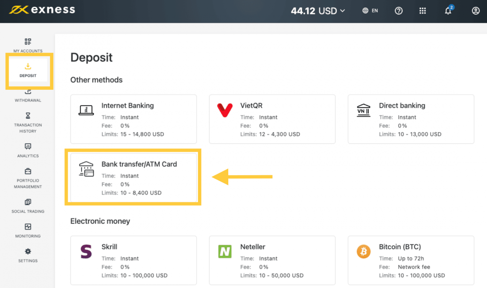 deposit to exness via bank transfer