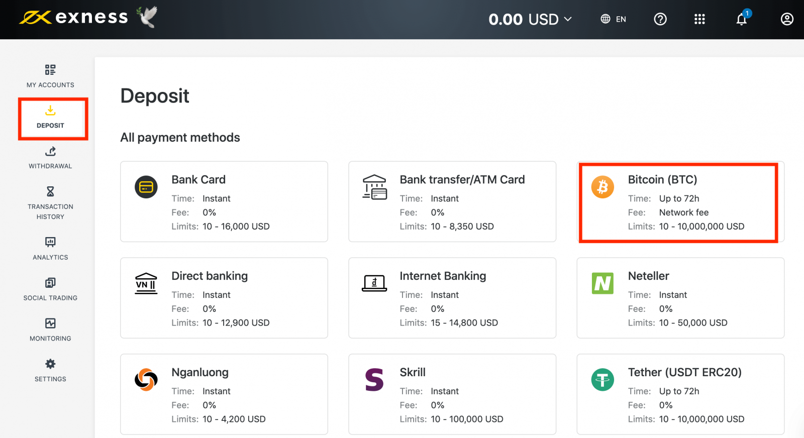 how to deposit bitcoin to exness