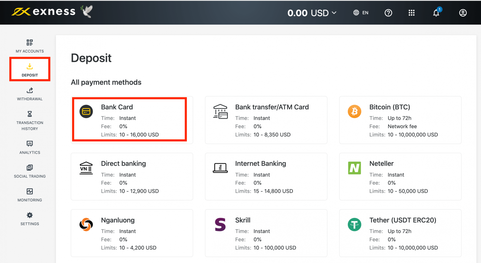 how to deposit funds with bank card to exness