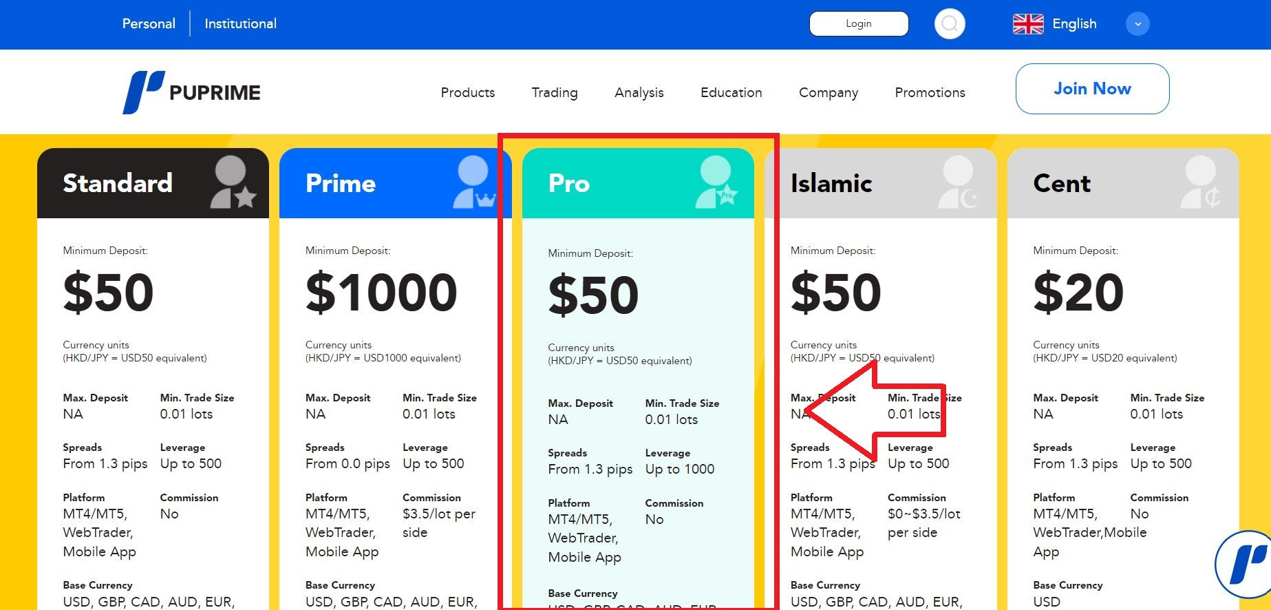 PUPrime leverage 1:1000 pro account  type