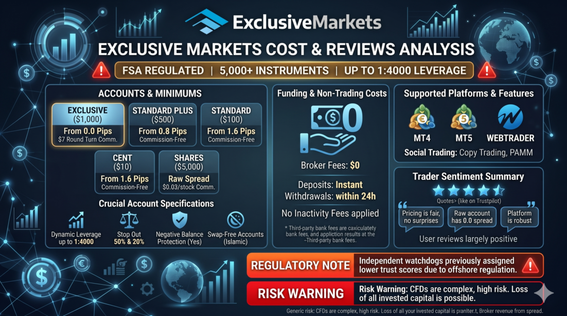 ExclusiveMarkets 独家报告：点差（Spread）、隔夜利息（Swap）成本、出入金费用及其他佣金